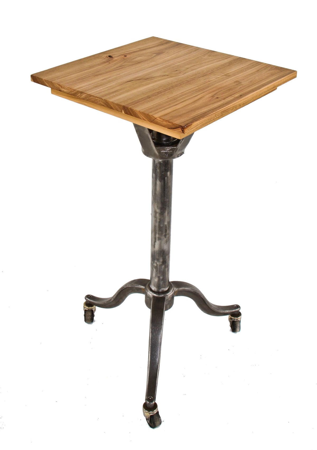 repurposed early 1920's american industrial mobile typewriter display stand or table with newly added solid hickory wood table top