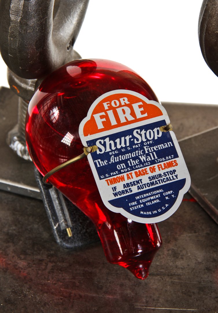 original late 1920's american industrial flush mount interior "shur stop" ruby red enameled glass grenade with bracket