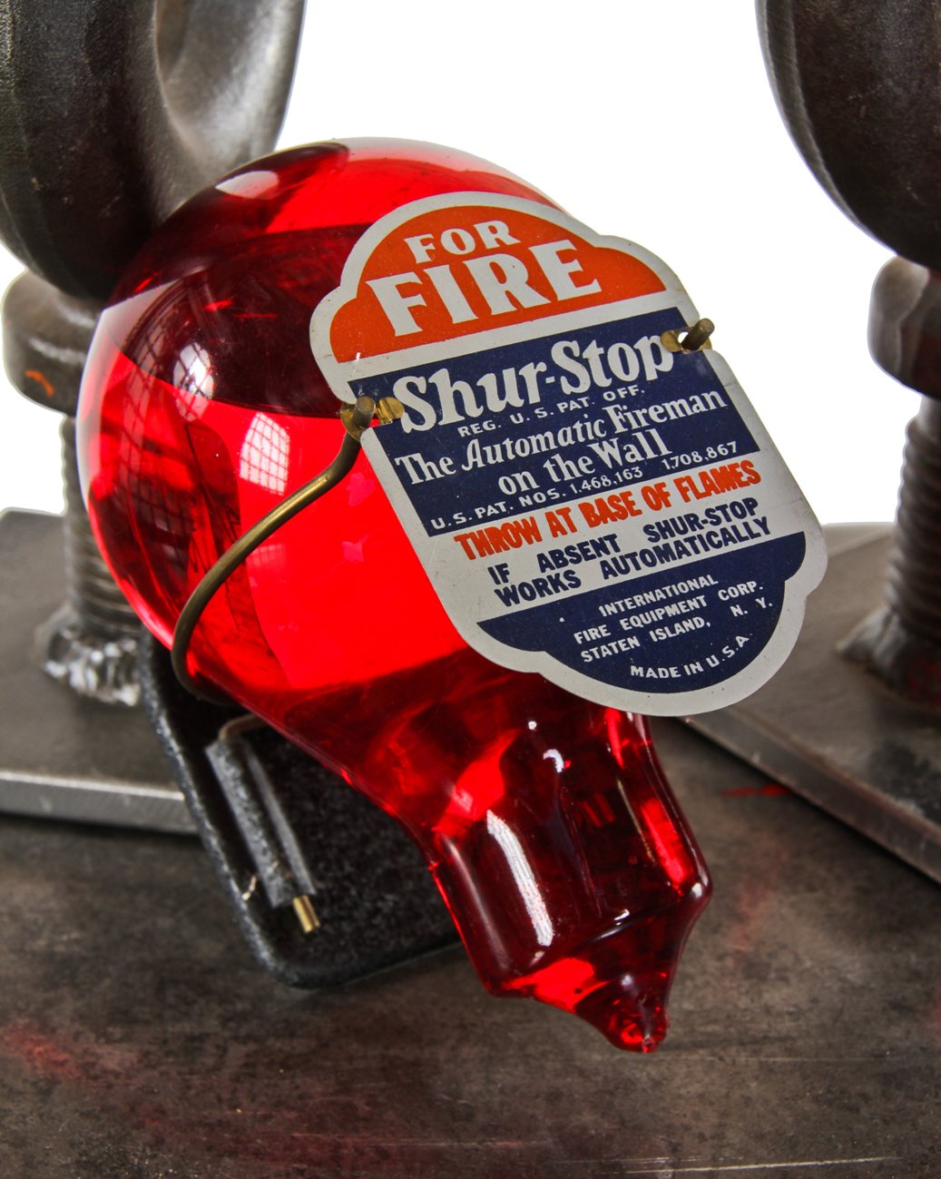 flush mount interior residential bedroom ruby red enameled glass "shur-stop" fire grenade with intact colorful stamped brass patent plaque