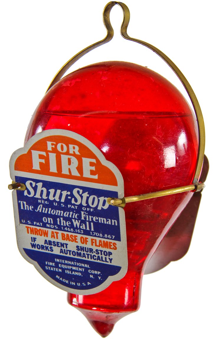 all original late 1920's american interior residential wall-mount "automatic fireman on the wall" ruby red glass grenade