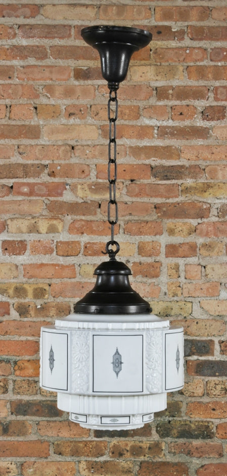 three-tier c. 1920's american art deco style "wedding cake" milk glass interior electric pendant light with black enameled design accent