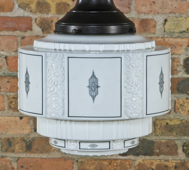 three-tier c. 1920's american art deco style "wedding cake" milk glass interior electric pendant light with black enameled design accent