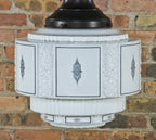 three-tier c. 1920's american art deco style "wedding cake" milk glass interior electric pendant light with black enameled design accent