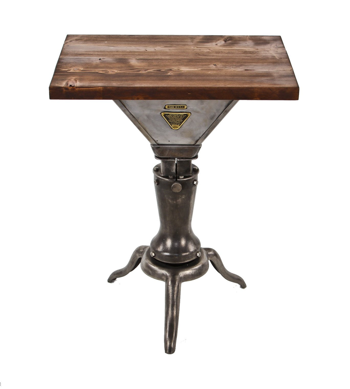 early 1920's repurposed american industrial "edison-dick" illuminated mimeoscope side table with three-legged rotating cast iron base