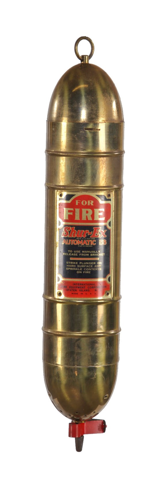 odd original c. late 1920's american industrial yellow brass "shure-ex" torpedo-shaped fire extinguisher