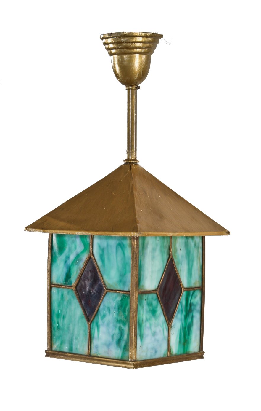 unusually large c. 1915-20 american arts & crafts style exterior hanging leaded art glass residential porch pendant light with pyramidal top