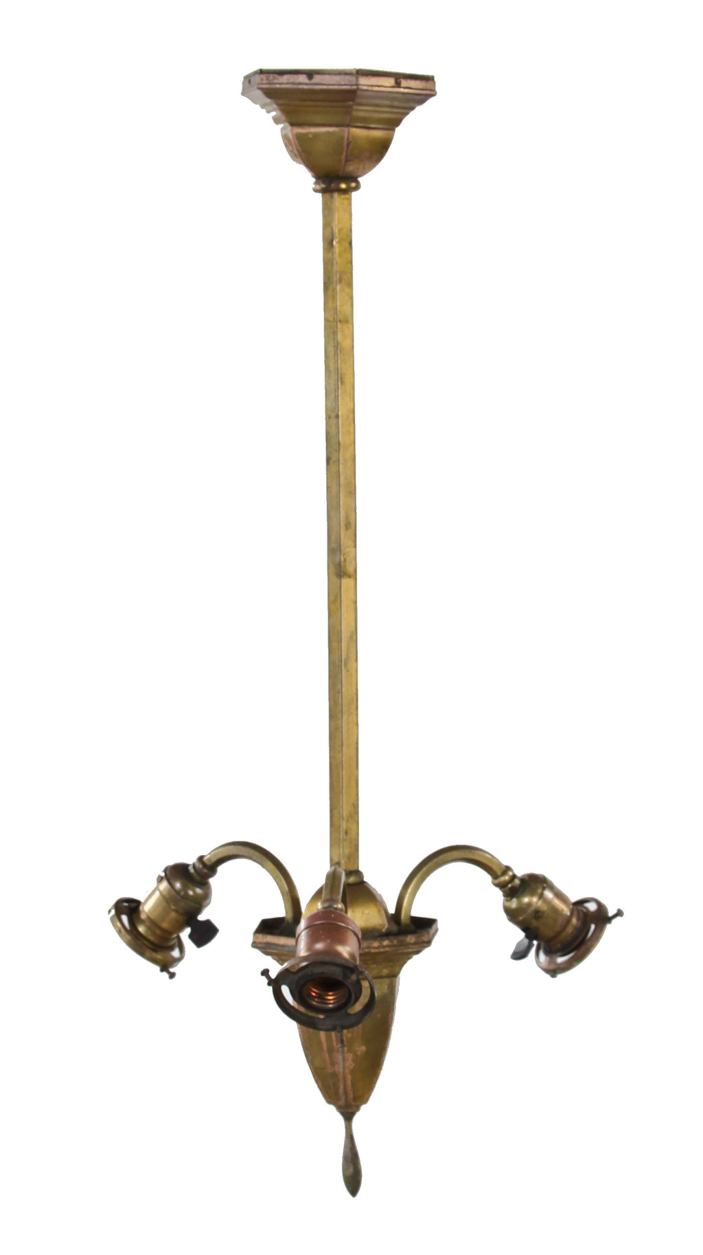 original and unrestored c. 1907-10 american antique chicago athletic association billiard room three-arm incandescent light ceiling fixture
