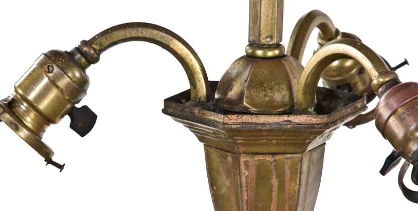original and unrestored c. 1907-10 american antique chicago athletic association billiard room three-arm incandescent light ceiling fixture
