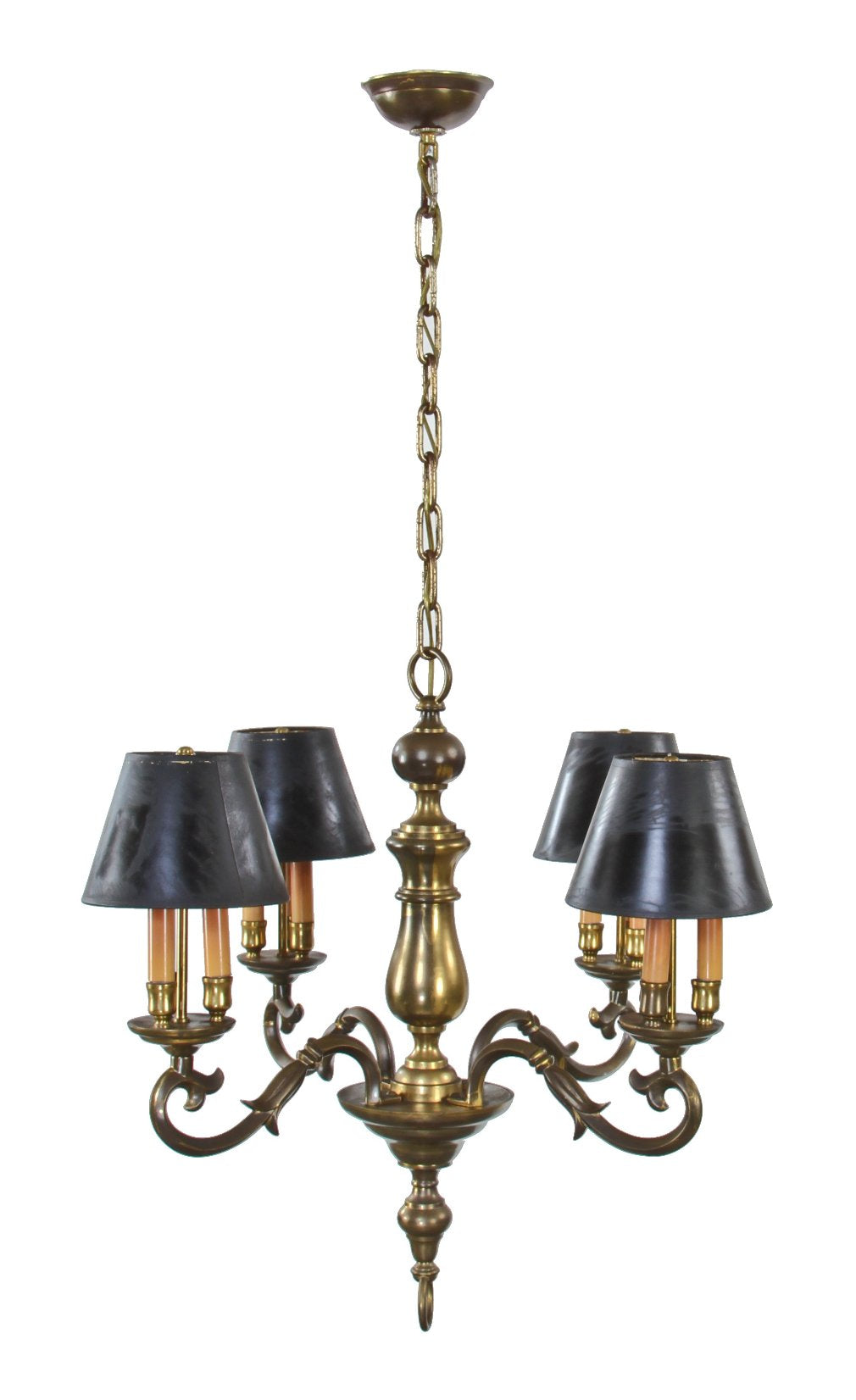 heavy cast brass four-arm chicago athletic association building annex ceiling light fixture with black conical-shaped parchemnt shades