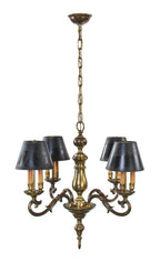 heavy cast brass four-arm chicago athletic association building annex ceiling light fixture with black conical-shaped parchemnt shades