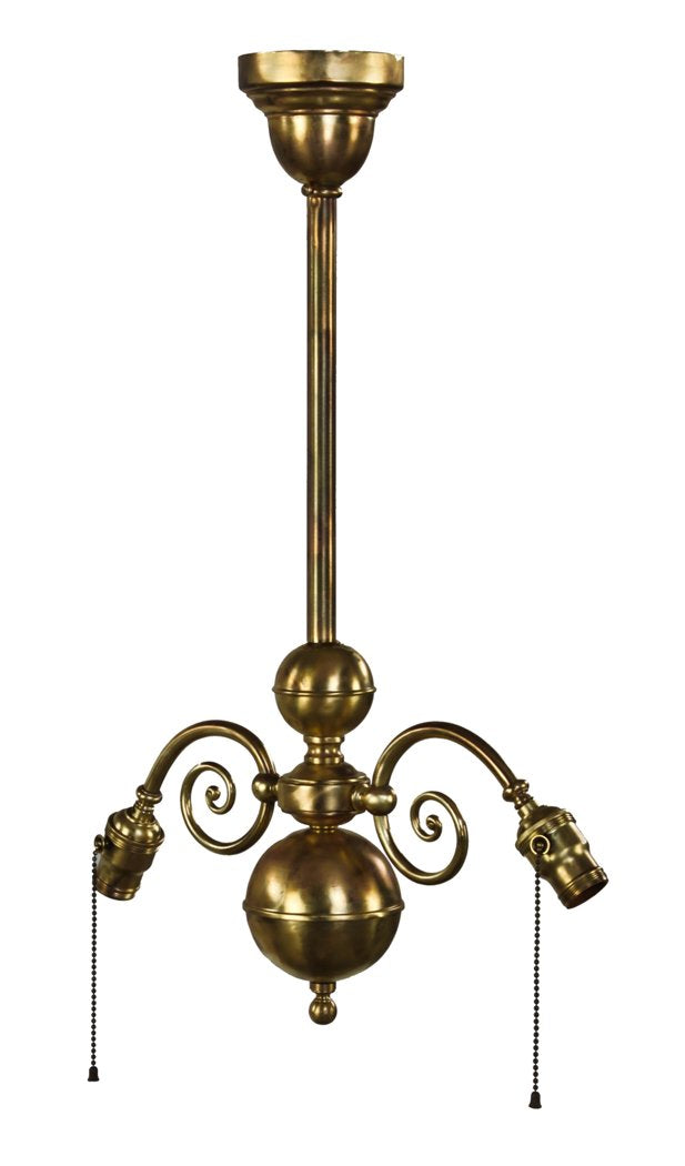 c. 1907-10 american antique interior refinished yellow brass double arm chicago athletic club billiard room pendant light with matching pull-chain sockets