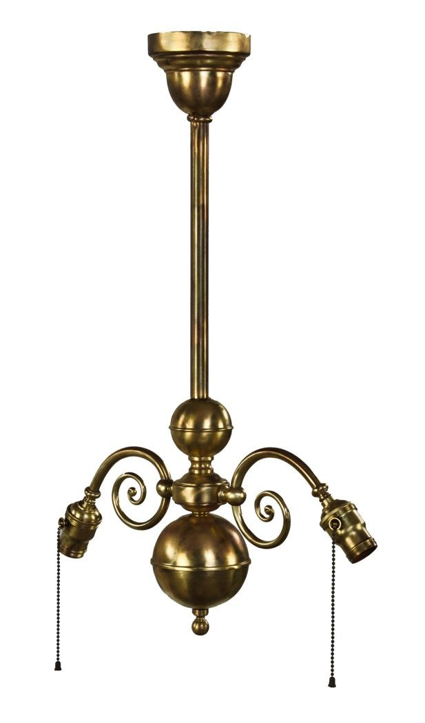 all original and intact c. 1907-10 american antique interior refinished yellow brass double arm chicago athletic club billiard room pendant light with matching pull-chain sockets