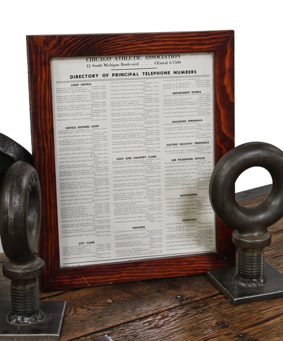 framed c. 1950's vintage american chicago athletic association building lobby "directory of phone numbers" for downtown destinations