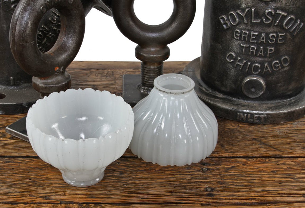 two identical early 20th century pressed opalescent white glass chicago athletic club utility closet pendant light shades