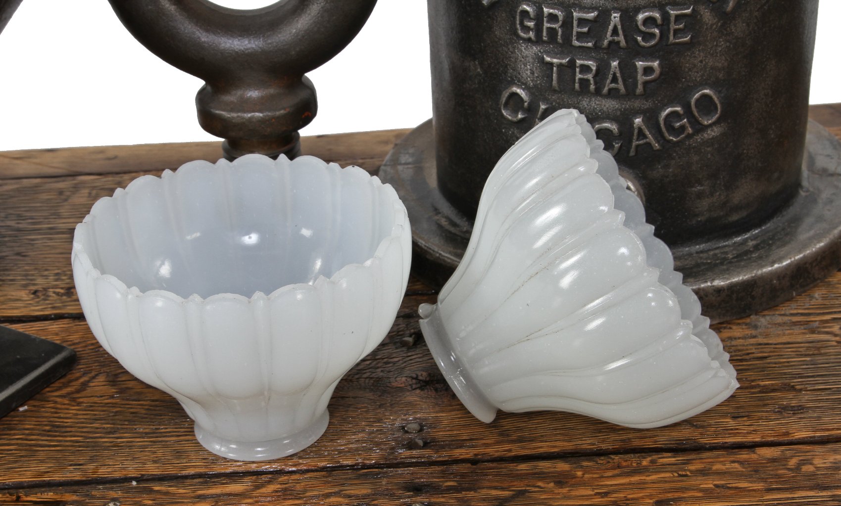 pair of matching original early 20th century white opalescent bell-shaped chicago athletic club utility closet pendant light shades