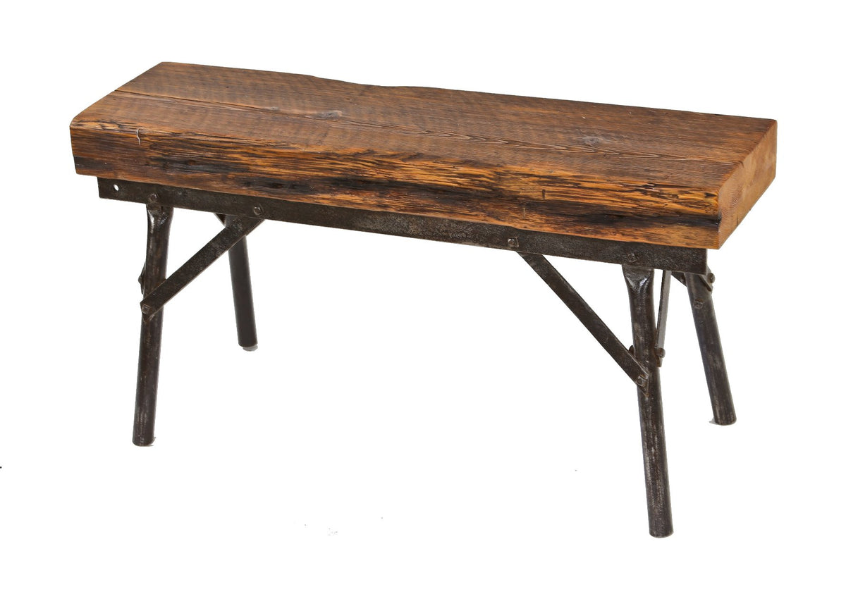 heavy duty c. 1940's american repurposed industrial four-legged bent tubular steel bench with old growth pine wood slab seat