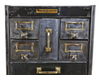 refinished early 20th century american industrial compartmentalized freestanding heavy gauge steel cabinet with four-legged quartered oak wood base