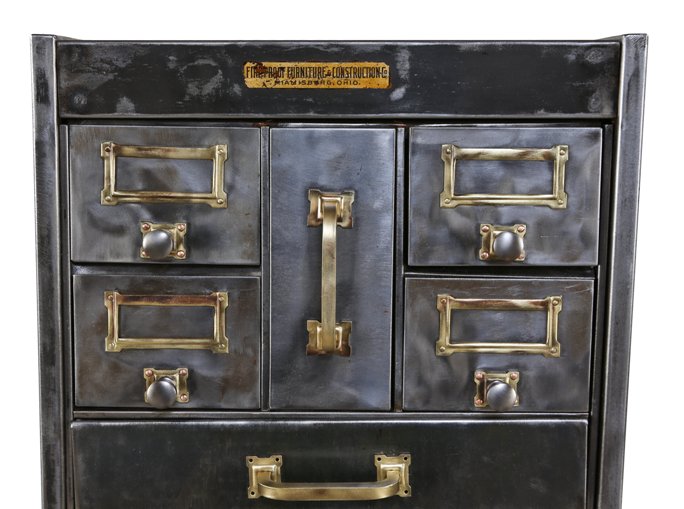 refinished early 20th century american industrial compartmentalized freestanding heavy gauge steel cabinet with four-legged quartered oak wood base