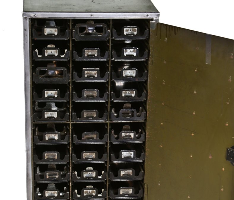 all original c. 1920's american industrial freestanding "addressograph" rubber stamp storage cabinet with green leatherette top