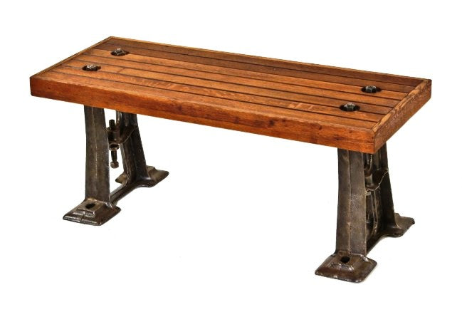 exceptional early 20th century pulley shaft hanger cast iron repurposed coffee table or sitting bench with newly added oak wood floor from the 1893 chicago athletic club
