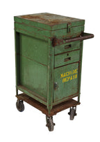 late 1940's all original american industrial green painted ford factory mobile supply cart with yellow stenciled lettering