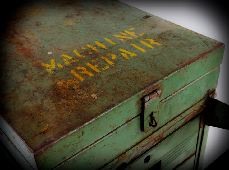 late 1940's all original american industrial green painted ford factory mobile supply cart with yellow stenciled lettering