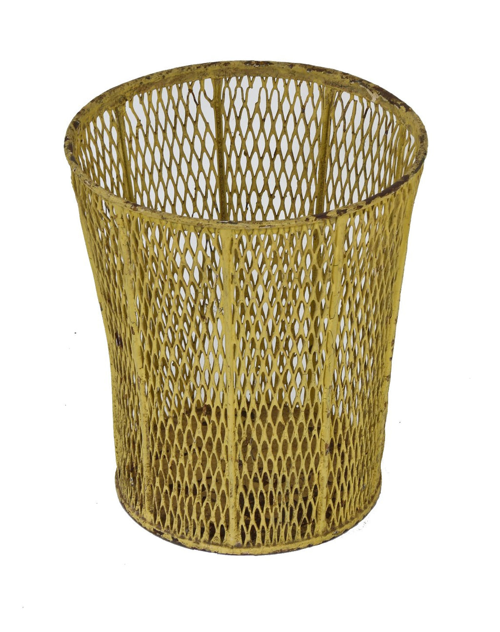 reinforced early 1920's original yellow enameled factory office "expanded metal" slightly flared waste basket or trash can