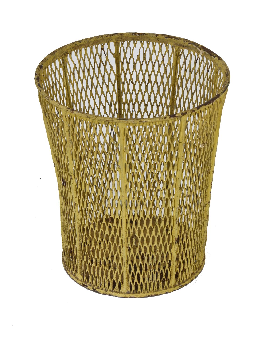 reinforced early 1920's original yellow enameled factory office "expanded metal" slightly flared waste basket or trash can