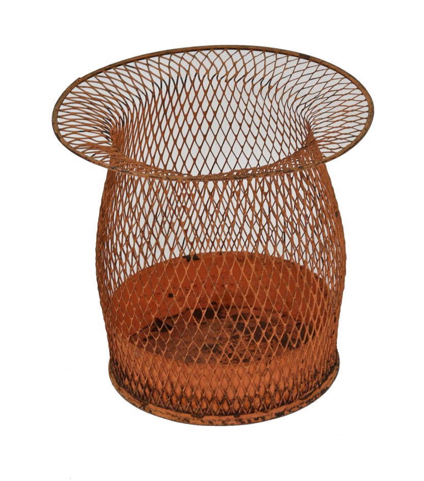 unusually shaped c. 1930's orange enameled original american industrial diamond mesh metal office waste or trash basket
