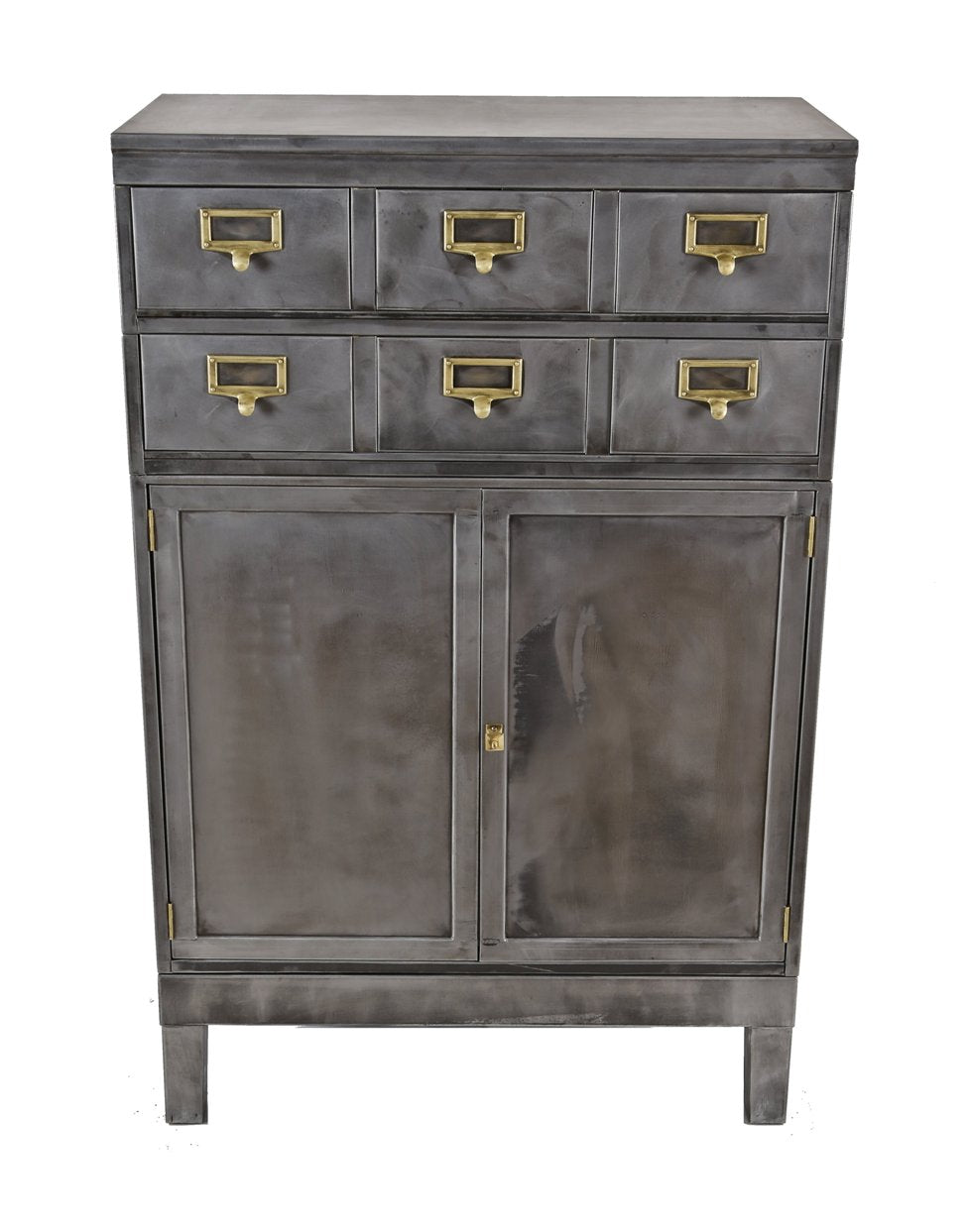 thoroughly refinished early 1920's american industrial compartmentalized factory office "fireproof" brushed steel cabinet