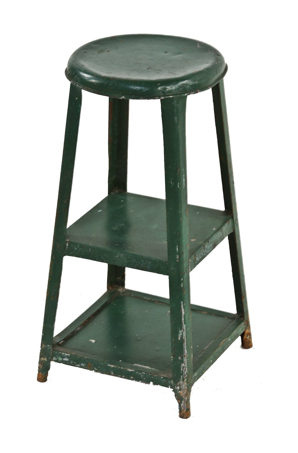 unusual c. 1940's american industrial heavily modified four-legged green enameled machinist's stool with undershelves