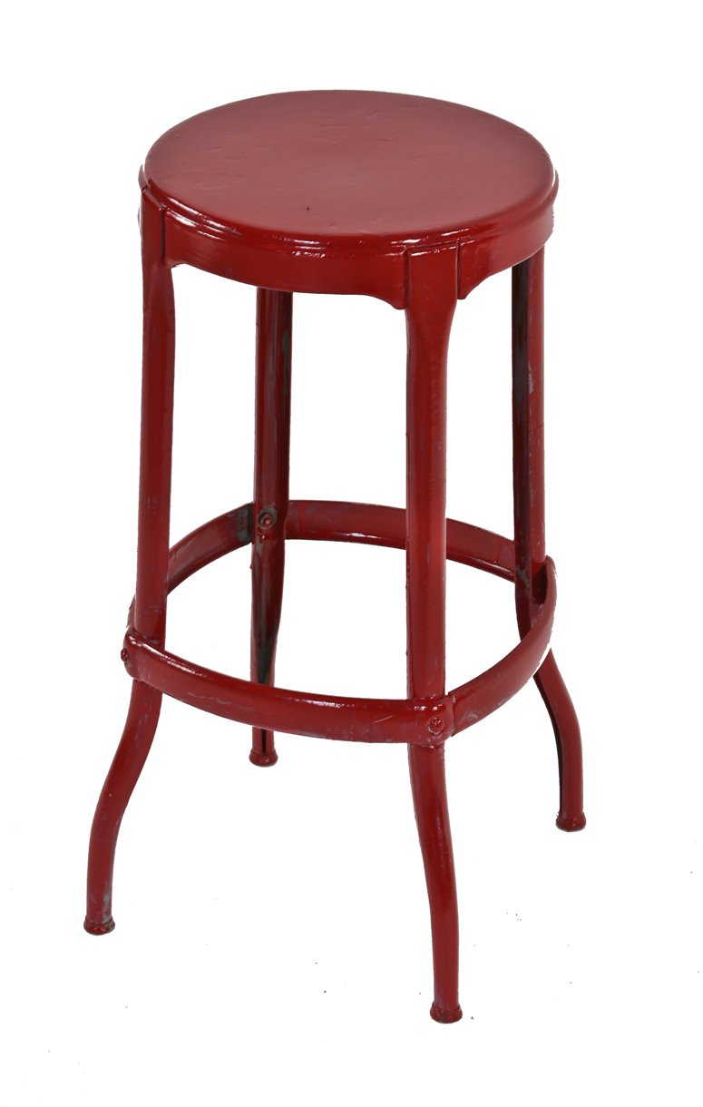 c. 1940's american industrial red enameled pressed and folded steel four-legged diminutive multi-purpose stool