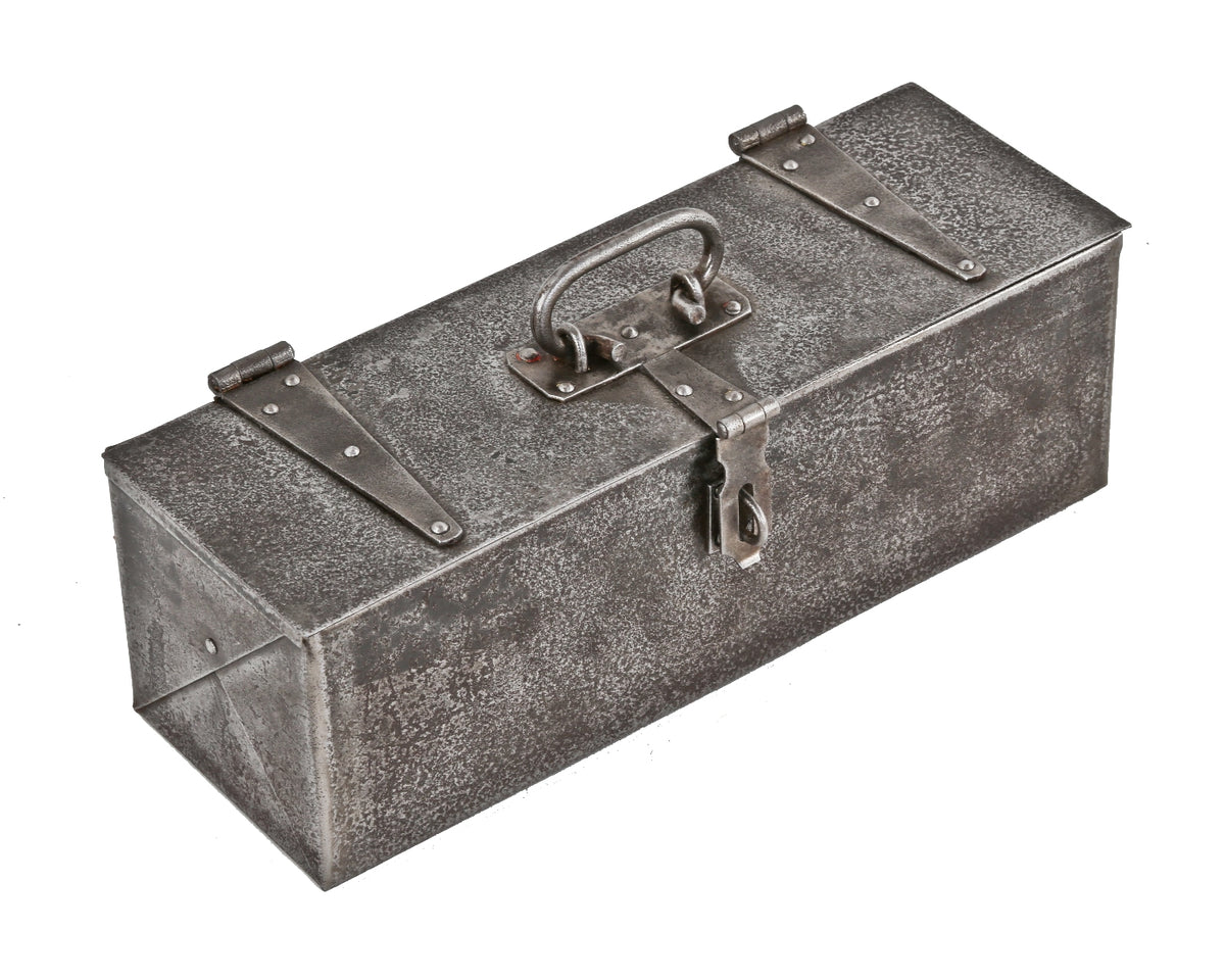 incredibly robust hand-made heavy gauge pressed and folded sheet steel lockable factory machinist's tool box with riveted joints