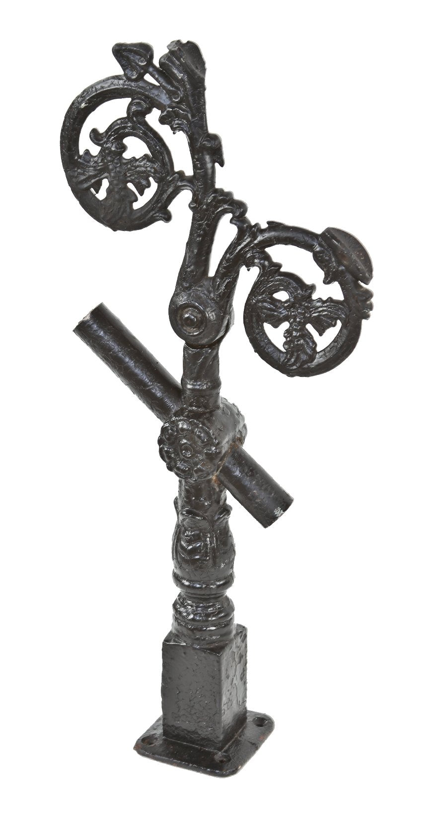 single c. 1890's richly ornamented black enameled cast iron exterior residential staircase handrail support bracket