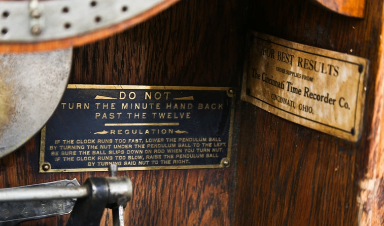 rare documented c. 1919 original and fully functional massillion "alumite" factory complex wall-mount oak wood autograph time recorder