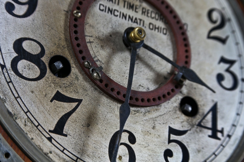 rare documented c. 1919 original and fully functional massillion "alumite" factory complex wall-mount oak wood autograph time recorder