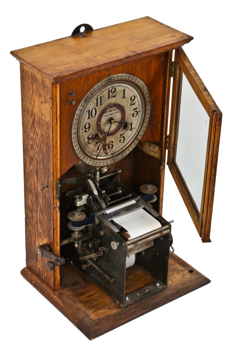 rare documented c. 1919 original and fully functional massillion "alumite" factory complex wall-mount oak wood autograph time recorder