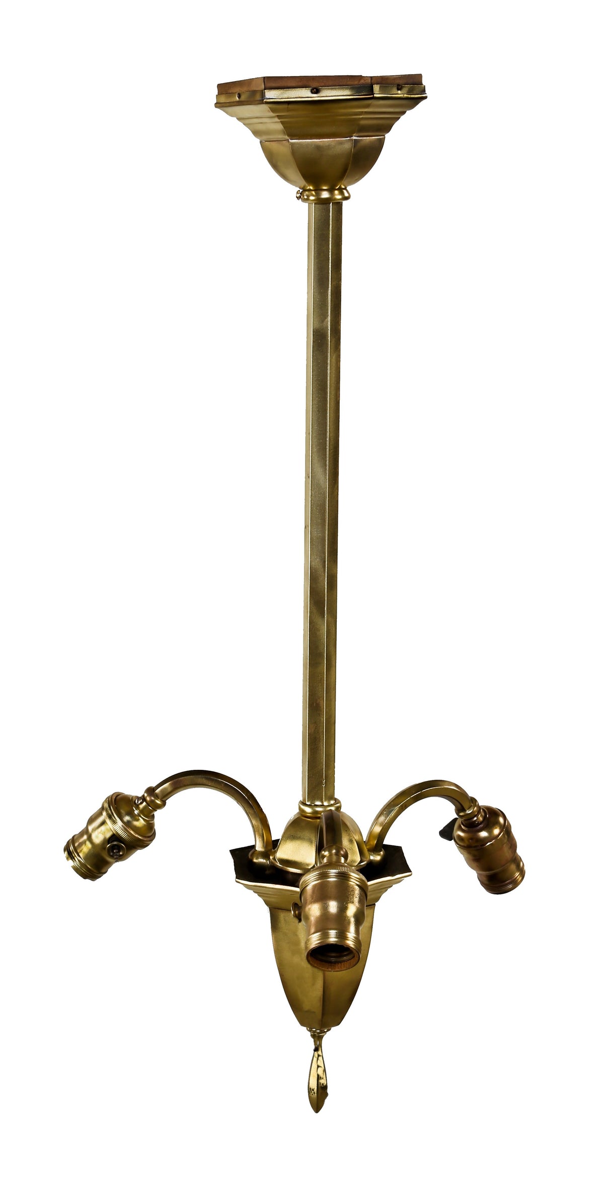 brushed yellow brass three-arm early 20th century antique american chicago athletic club incandescent light fixture