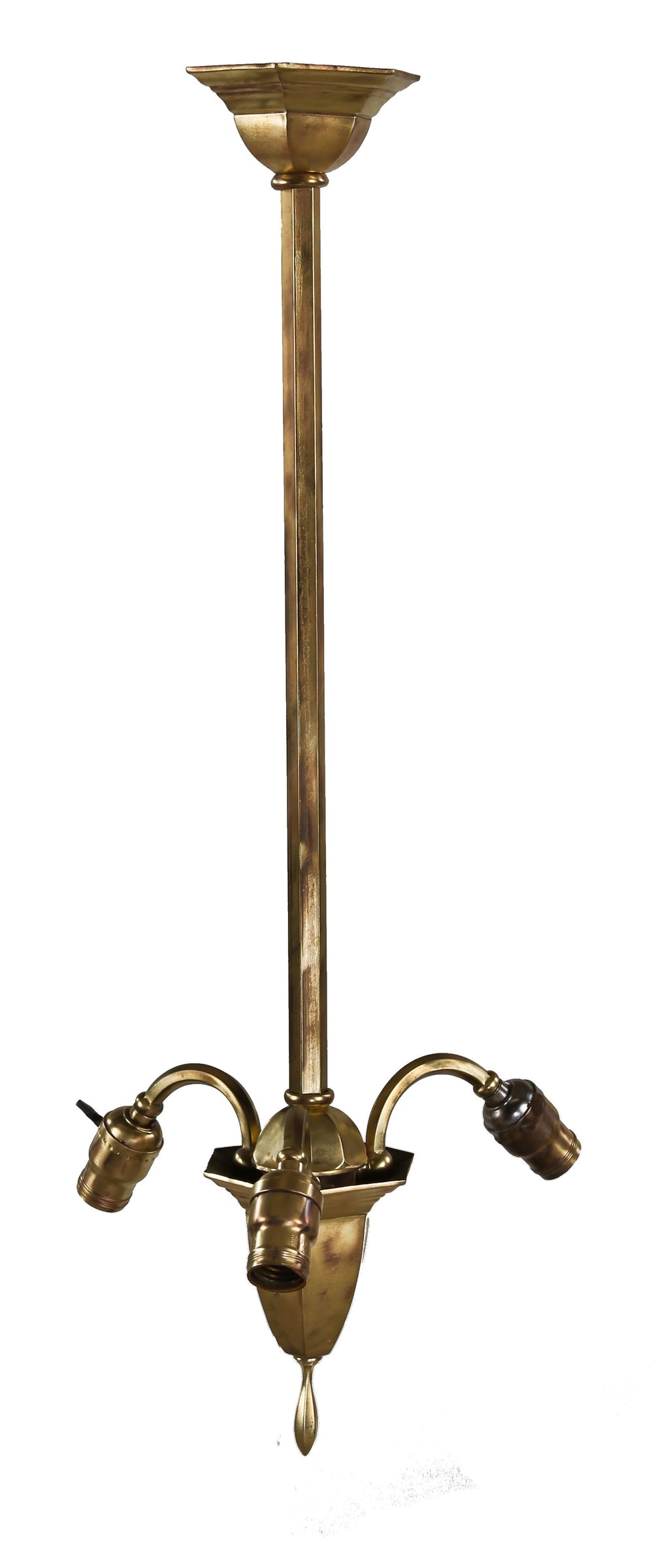 original refinished c. early 20th century 3-arm yellow brass chicago athletic club billiard room beardslee ceiling fixture