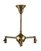 original chicago athletic club electric three-arm refinished yellow brass bare bulb ceiling fixture with matching key sockets
