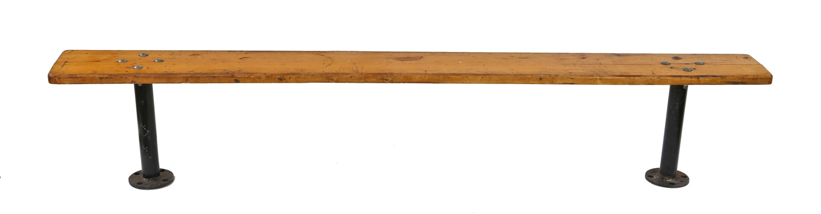 oversized c. 1940's american industrial chicago athletic club stationary locker room sitting bench supported by heavy gauge steel pipe supports