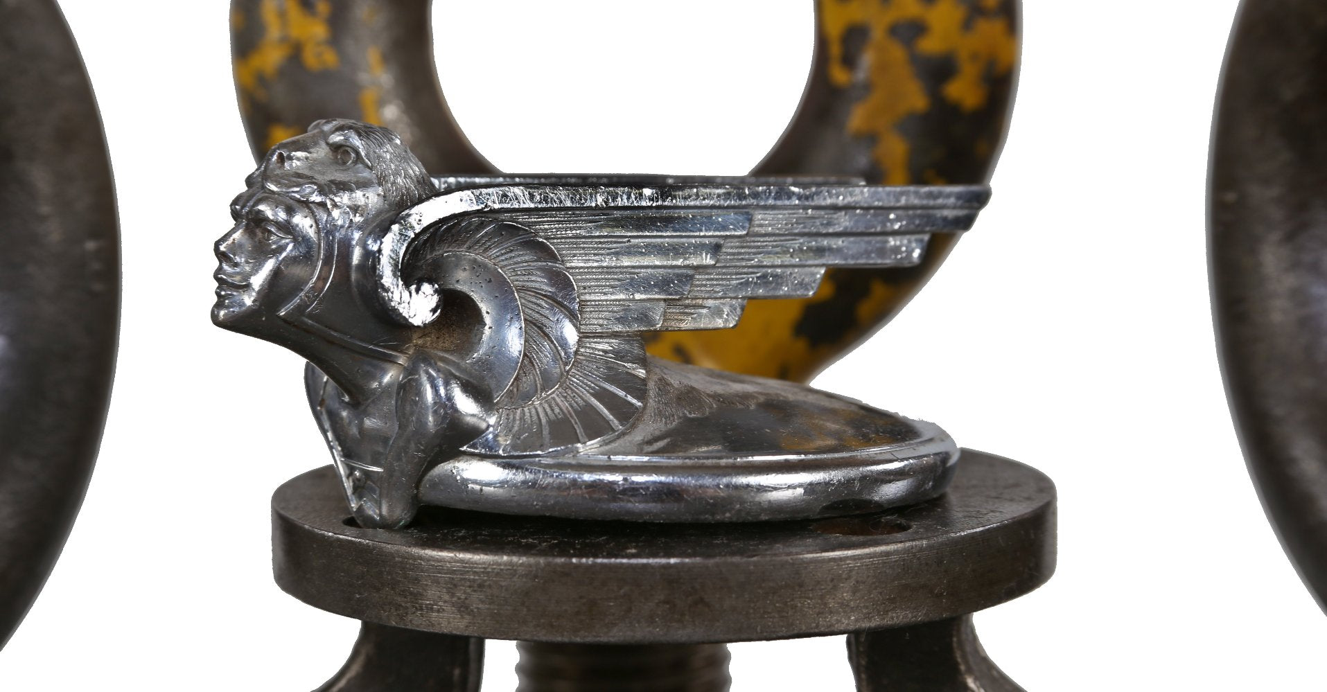 striking original c. 1929-31 american art deco machine age polished chrome "winged viking" chevrolet automobile mascot radiator cap