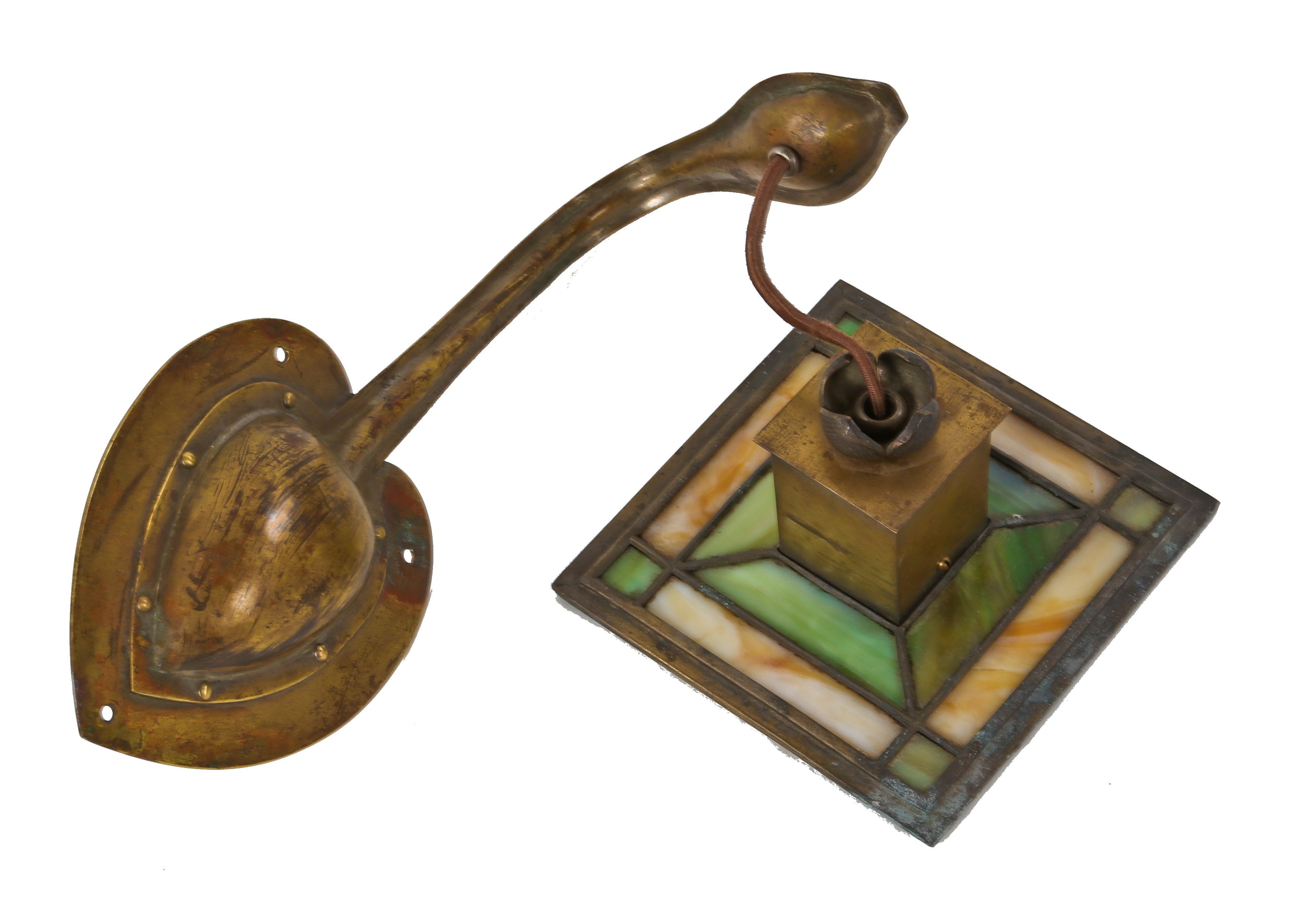 early 20th century american arts & crafts and/or prairie style rewired hand-wrought brass art glass wall sconce with nicely aged surface patina