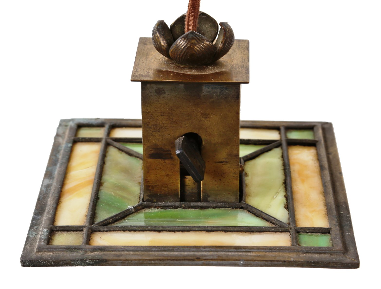 early 20th century american arts & crafts and/or prairie style rewired hand-wrought brass art glass wall sconce with nicely aged surface patina