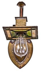 early 20th century american arts & crafts and/or prairie style rewired hand-wrought brass art glass wall sconce with nicely aged surface patina