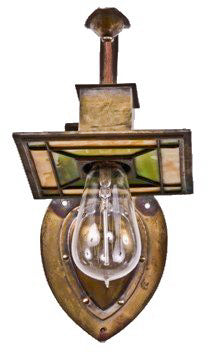 early 20th century american arts & crafts and/or prairie style rewired hand-wrought brass art glass wall sconce with nicely aged surface patina