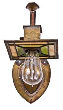 original and completely intact early 20th century arts and crafts style interior residential wall sconce with leaded art glass shade