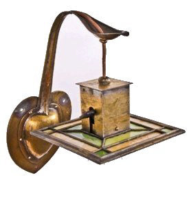 early 20th century american arts & crafts and/or prairie style rewired hand-wrought brass art glass wall sconce with nicely aged surface patina