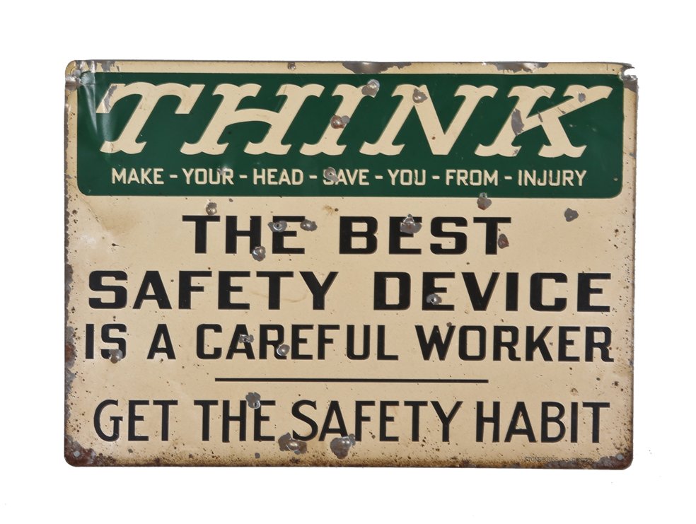 c. 1940's american industrial single-sided stamped enameled metal "get the safety habit" safety first think factory sign