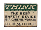 c. 1940's american industrial single-sided stamped enameled metal "get the safety habit" safety first think factory sign